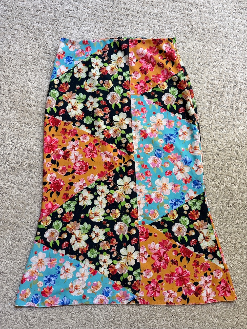 Floral Patchwork Maxi Skirt in Black, Mustard & Teal